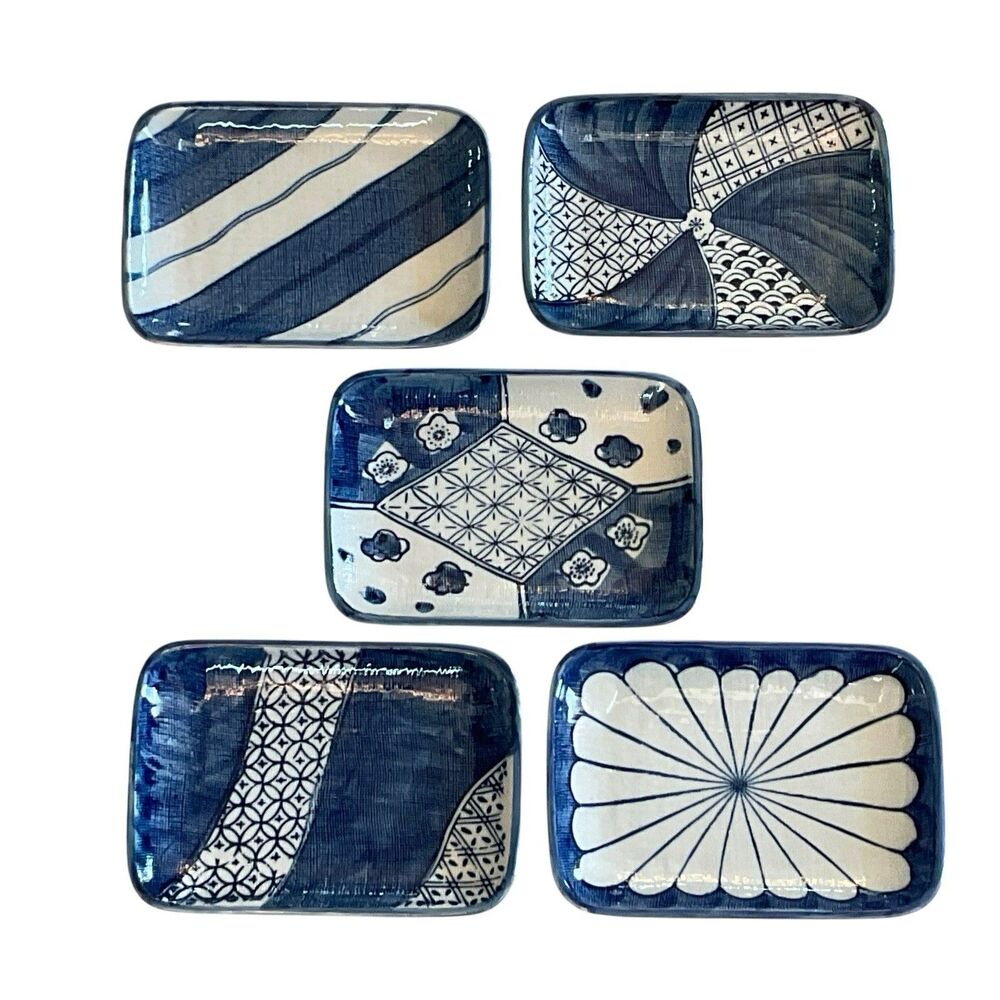 5 Takahashi Sushi Plates Blue White Japan 5 X 7” Japan Appetizer Snack Set Of 5